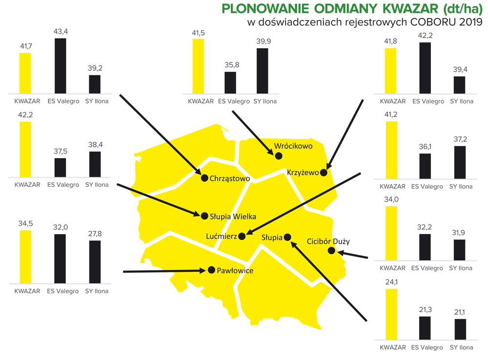Plon rzepaku ozimego z nasion Kwazar w różnych rejonach Polski